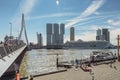 Erasmus bridge and for the building the Rotterdam along the Wilhelminakade has the AIDA cruise ship docked.